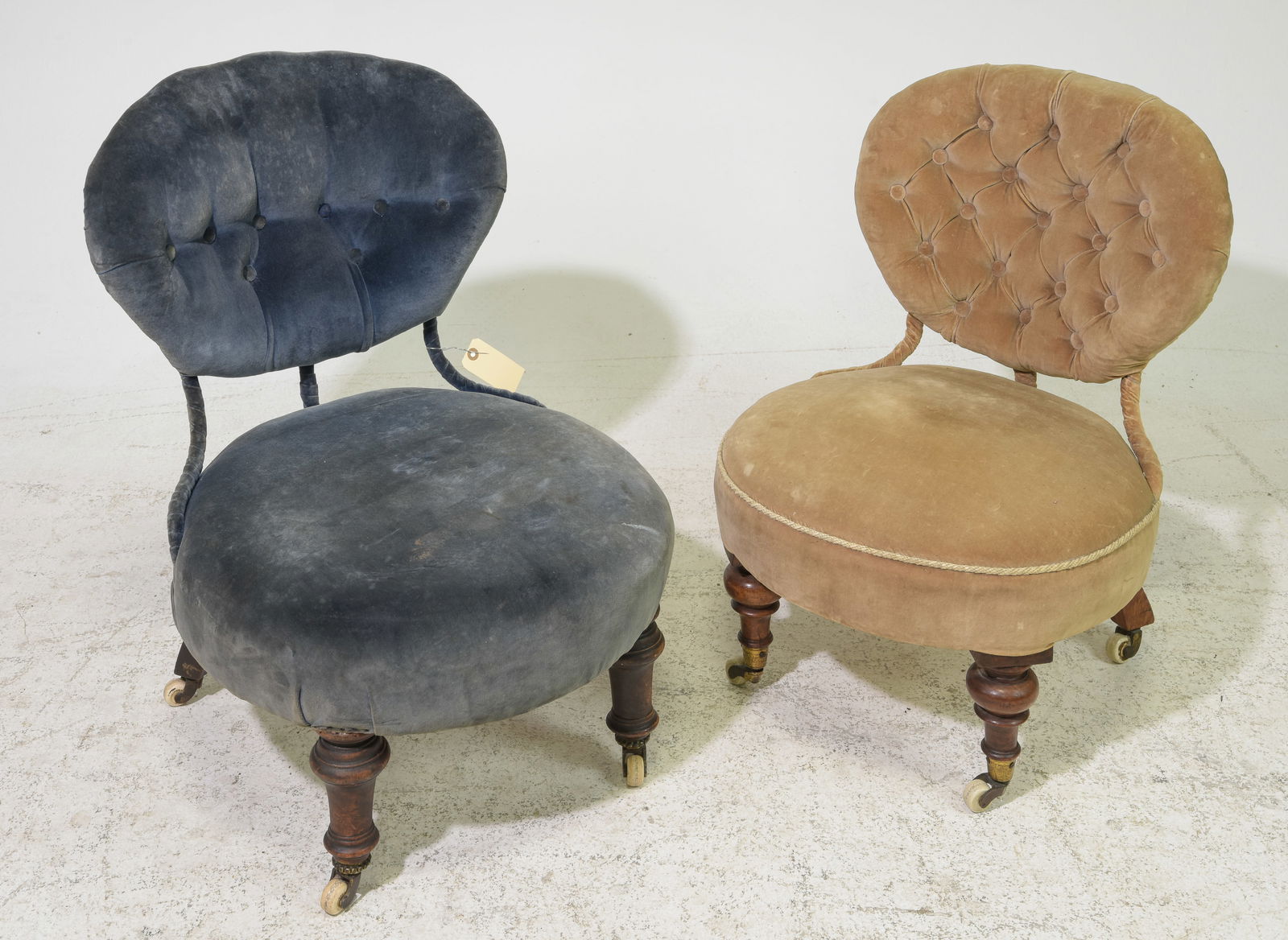 2 British Upholstered Youth Chairs: 2 British Upholstered Youth Chairs - 27.5 in tall x 20.5 x 24 with a seat height of 12 inches and 25.5 in tall x 19.5 x 21 with a seat height of 12 inches