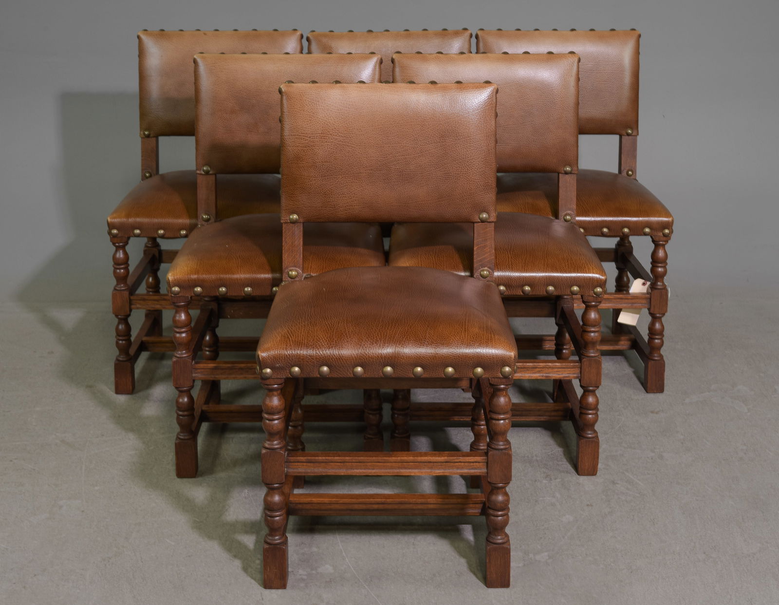 Set of 6 Oak Leather Chairs With Nail Heads: Set of 6 Oak Leather Chairs With Nail Heads - 34 in tall x 18 x 18, seat height is 17.5