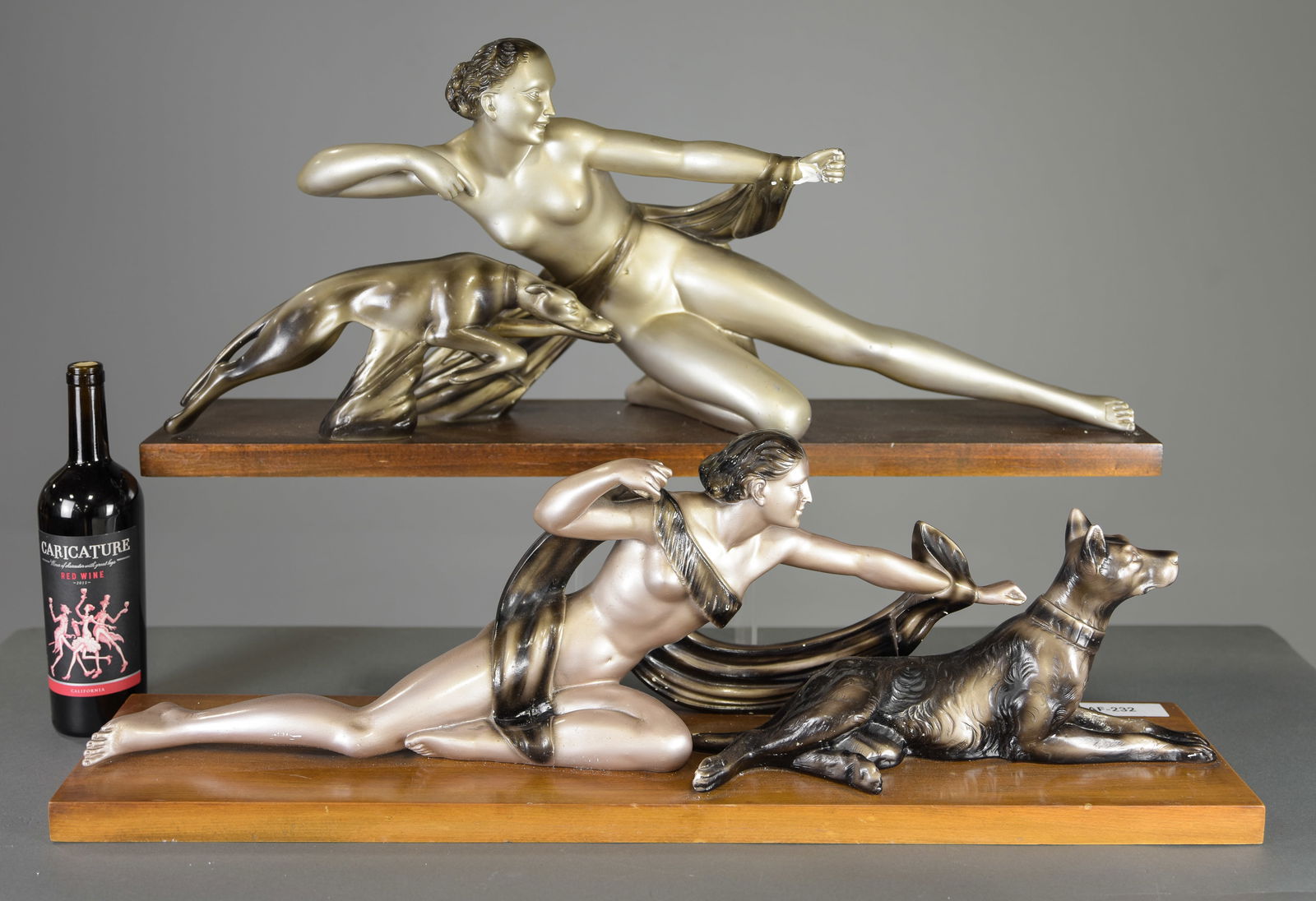 2 Art Deco Chalk / Plaster Figures - Lady with Hound: 2 Art Deco Chalk / Plaster Figures - Lady with Hound - 11 in tall x 34 x 8 and 14 in tall x 33.5 x 7.5