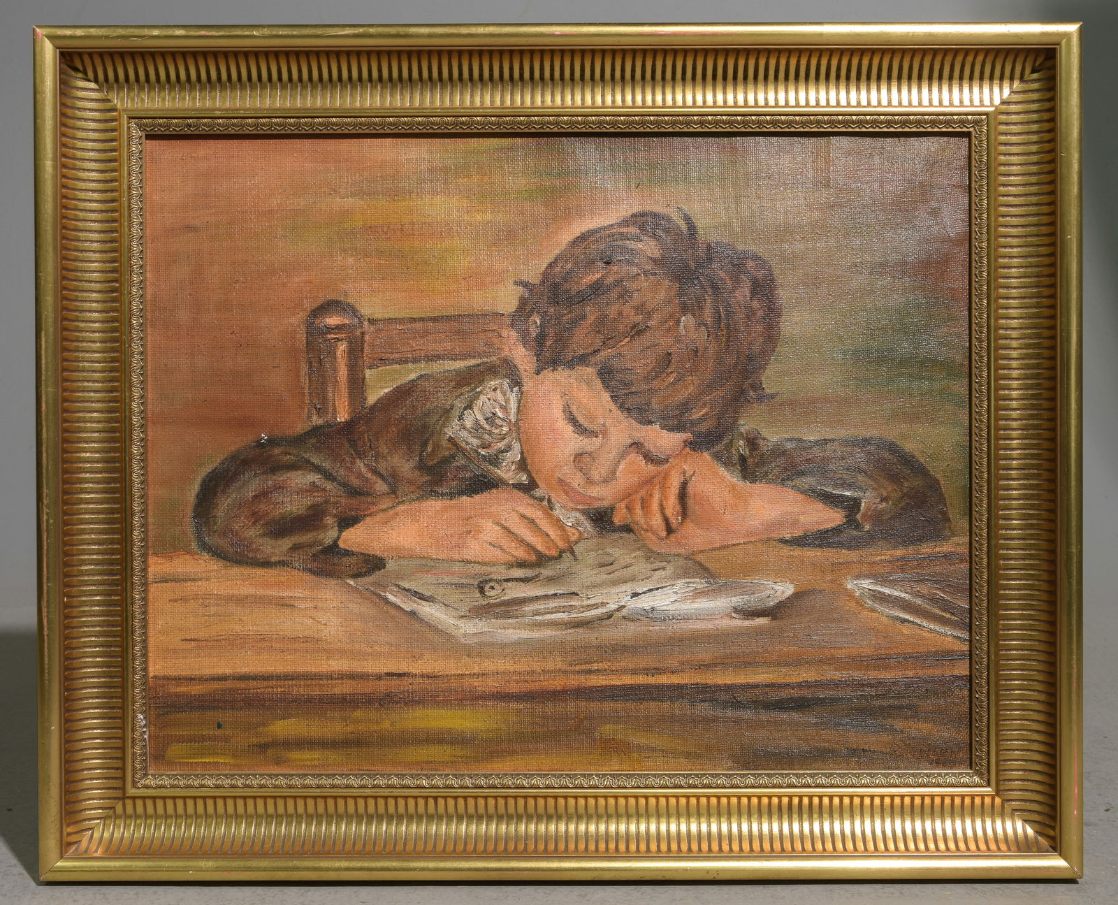 Gold Framed Acrylic on Canvas - Child Writing (1 of 3)