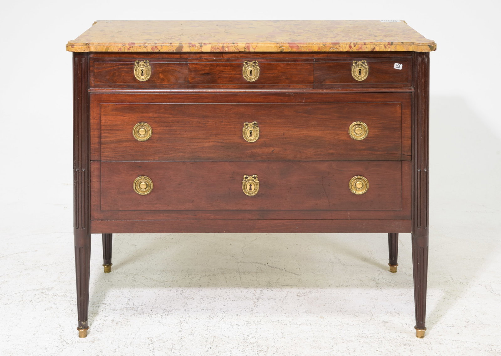 Louis XVI Style Marble Top Three Drawer Chest: French Louis XVI Style Marble Top Three Drawer Mahogany Chest - 34 in tall x 42 x 19 - There are keys