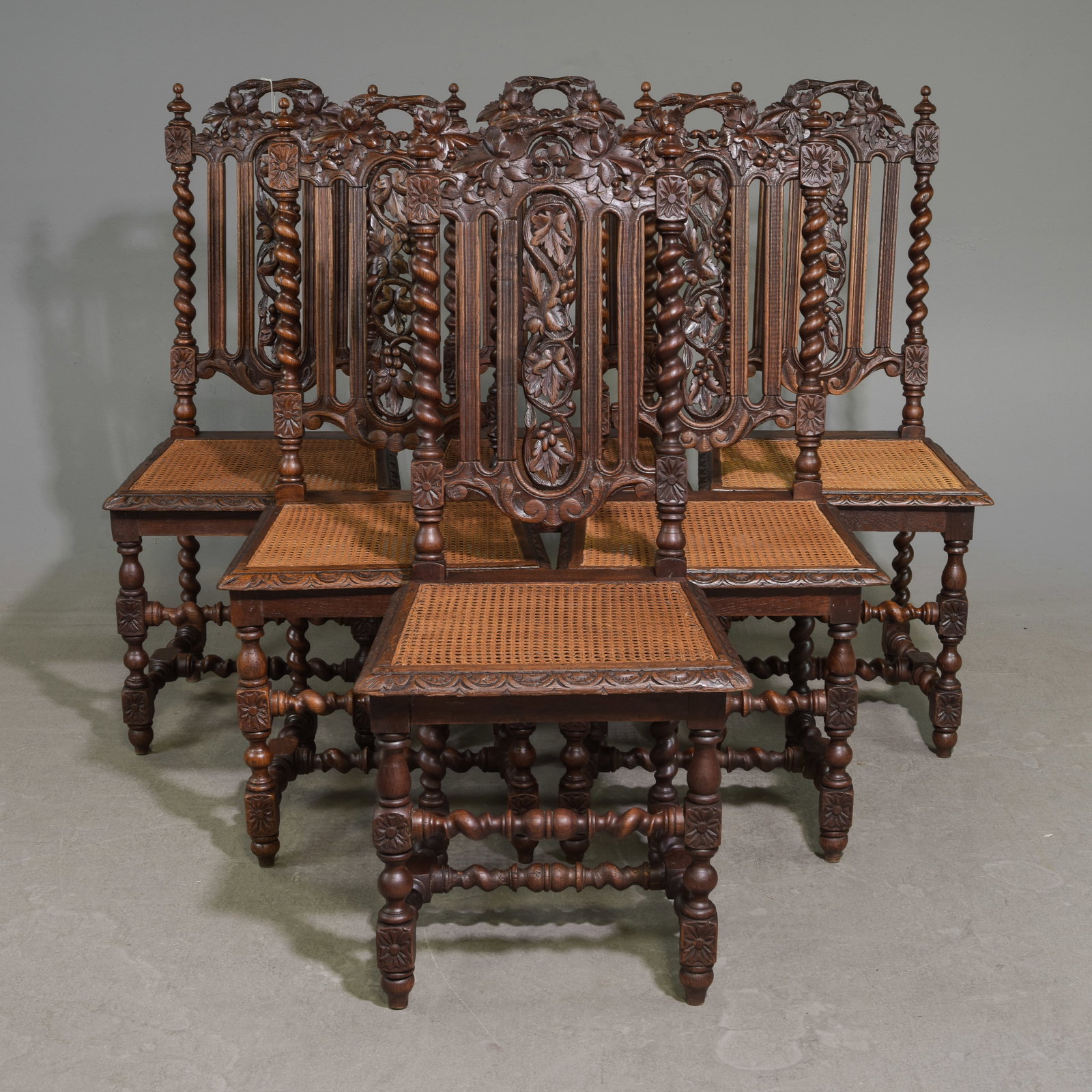 Louis XIII Style Set of 6 Oak French Twist Chairs: French Louis XIII Style Set of 6 Carved Oak French Twist Chairs with Caned Seats - 42 in tall x 20 x 19 each with a seat height of 18.5 inches