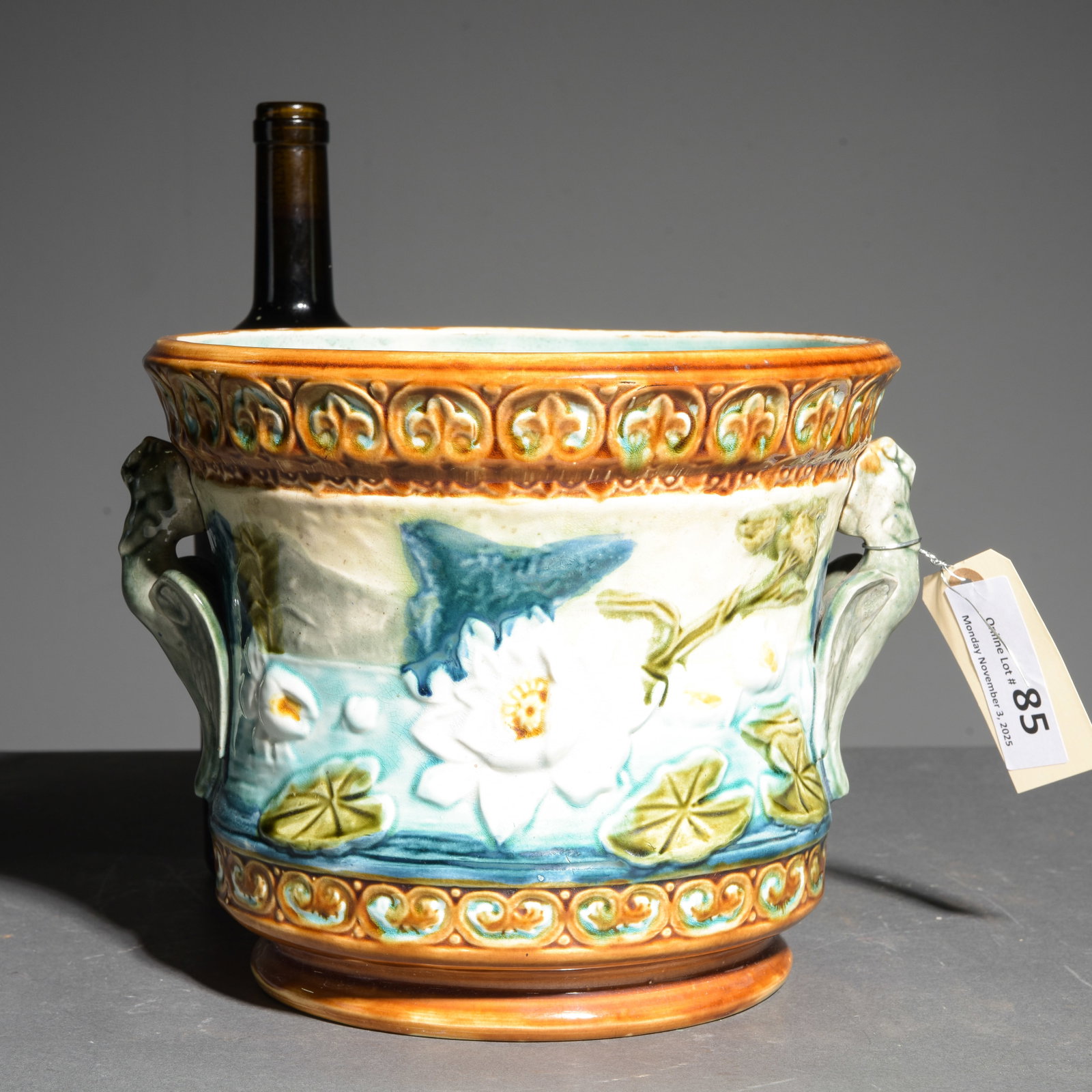 Onnaing Majolica Lily Pad & Floral Jardiniere: Onnaing Majolica Lily Pad & Floral Jardiniere / Planter - 8 in tall x 10 x 9.5