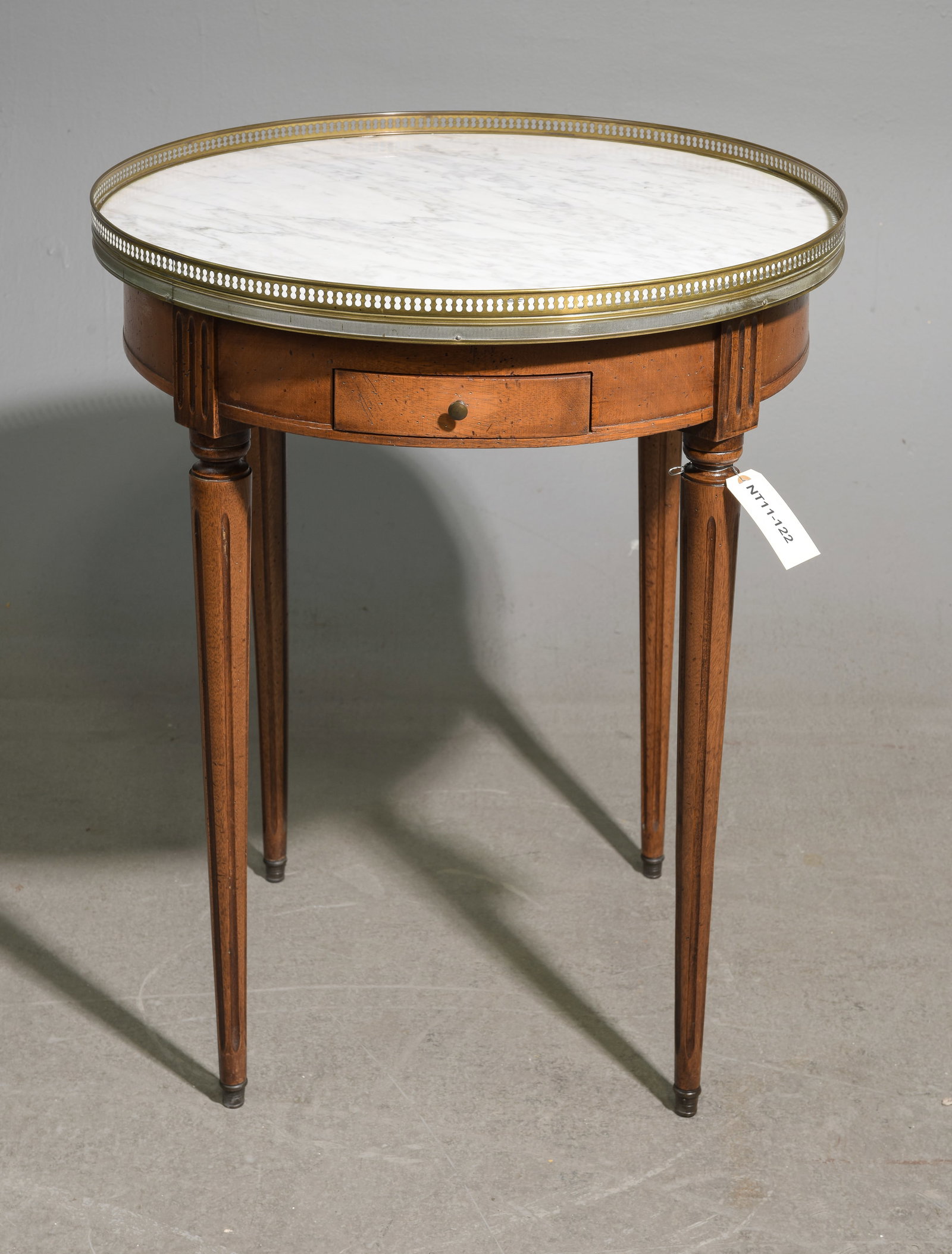 Louis XVI Style White Marble Top Boulotte Table: French Louis XVI Style White Marble Top Boulotte / Occasional Table with Brass Gallery - 28 in tall x 23.75 inch diameter