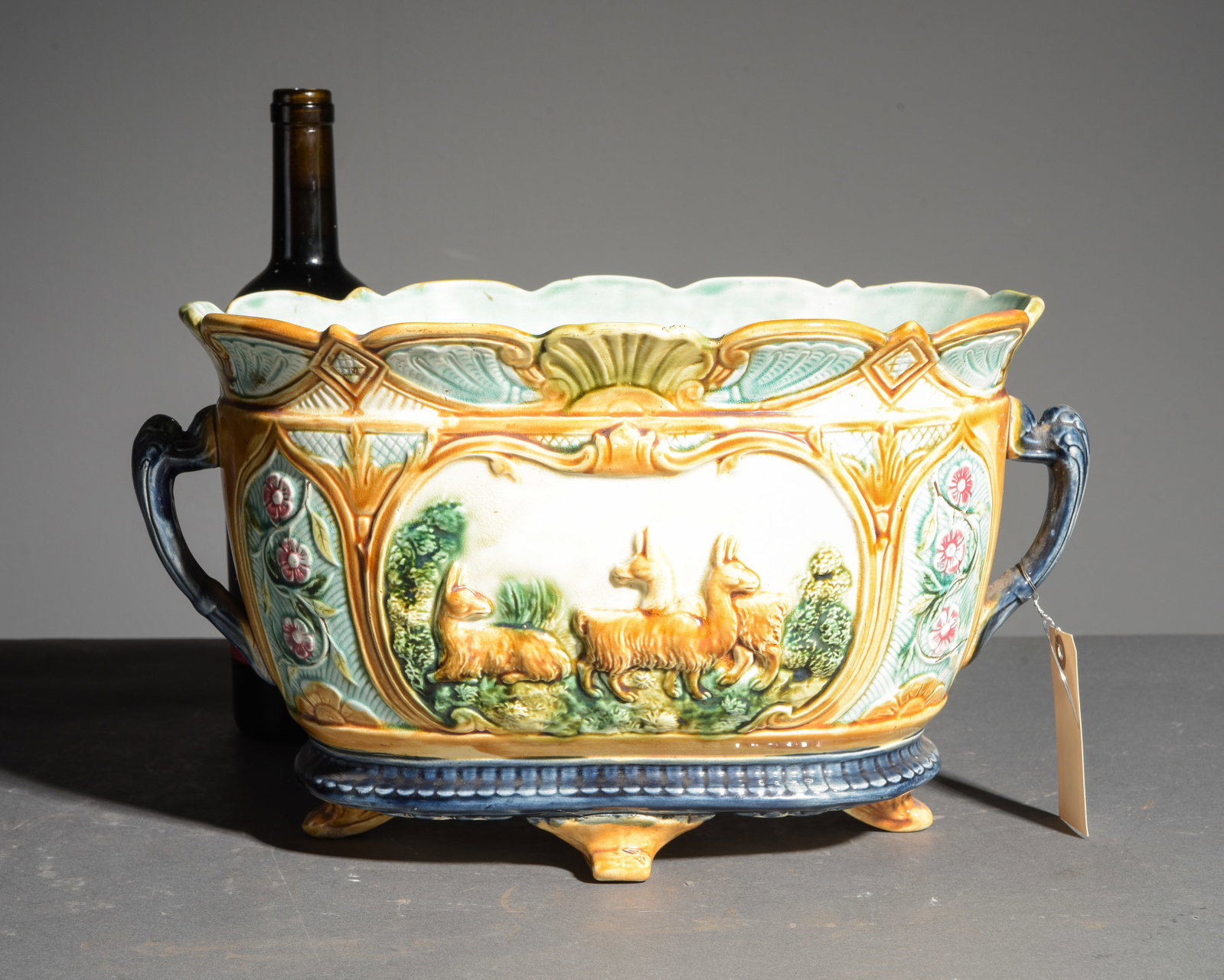 Onnaing Majolica Jardiniere - Deer: Onnaing Majolica Jardiniere / Planter - Deer Motif - 8.5 in tall x 15 x 9