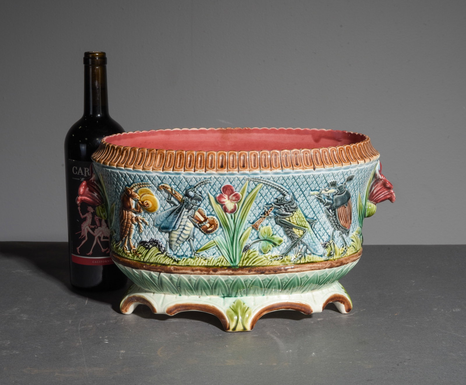 French Majolica Jardiniere - Musical Bugs: French Majolica Jardiniere / Planter - Musical Bug Motif - 8.5 in tall x 15 x 9