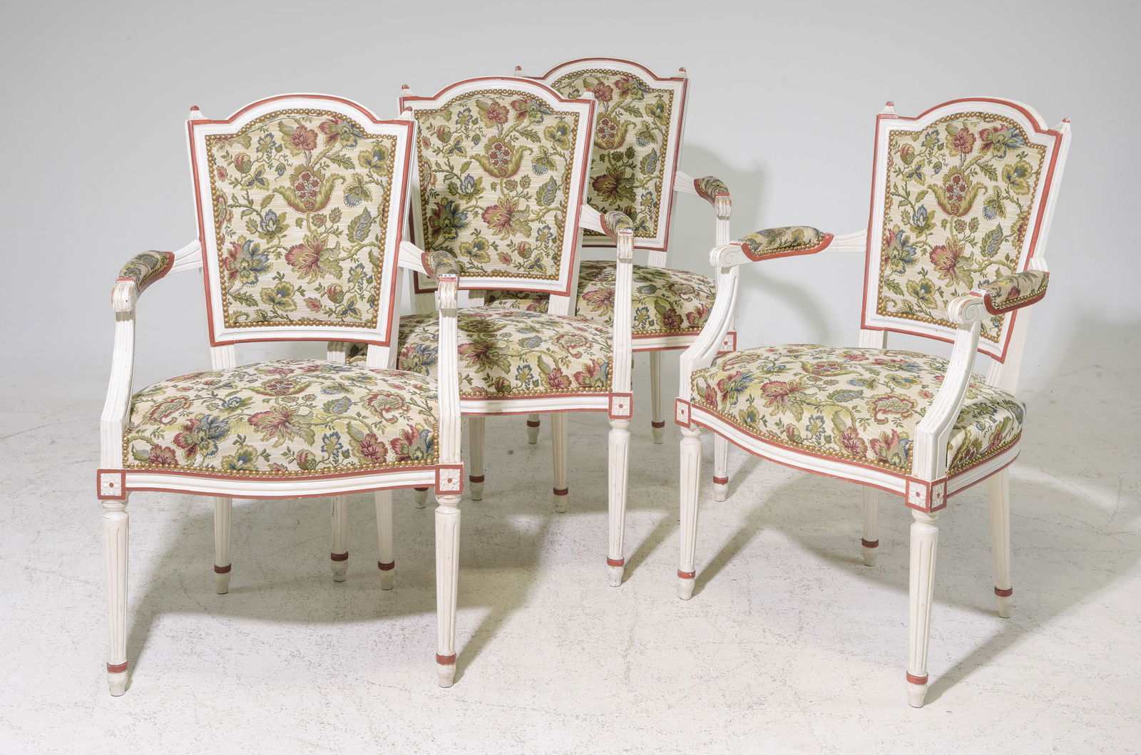 Louis XVI Style Set of 4 Painted Arm Chairs: French Louis XVI Style Set of 4 Painted Arm Chairs - 37 in tall x 22 x 22.5 each with a seat height of 18.75 inches