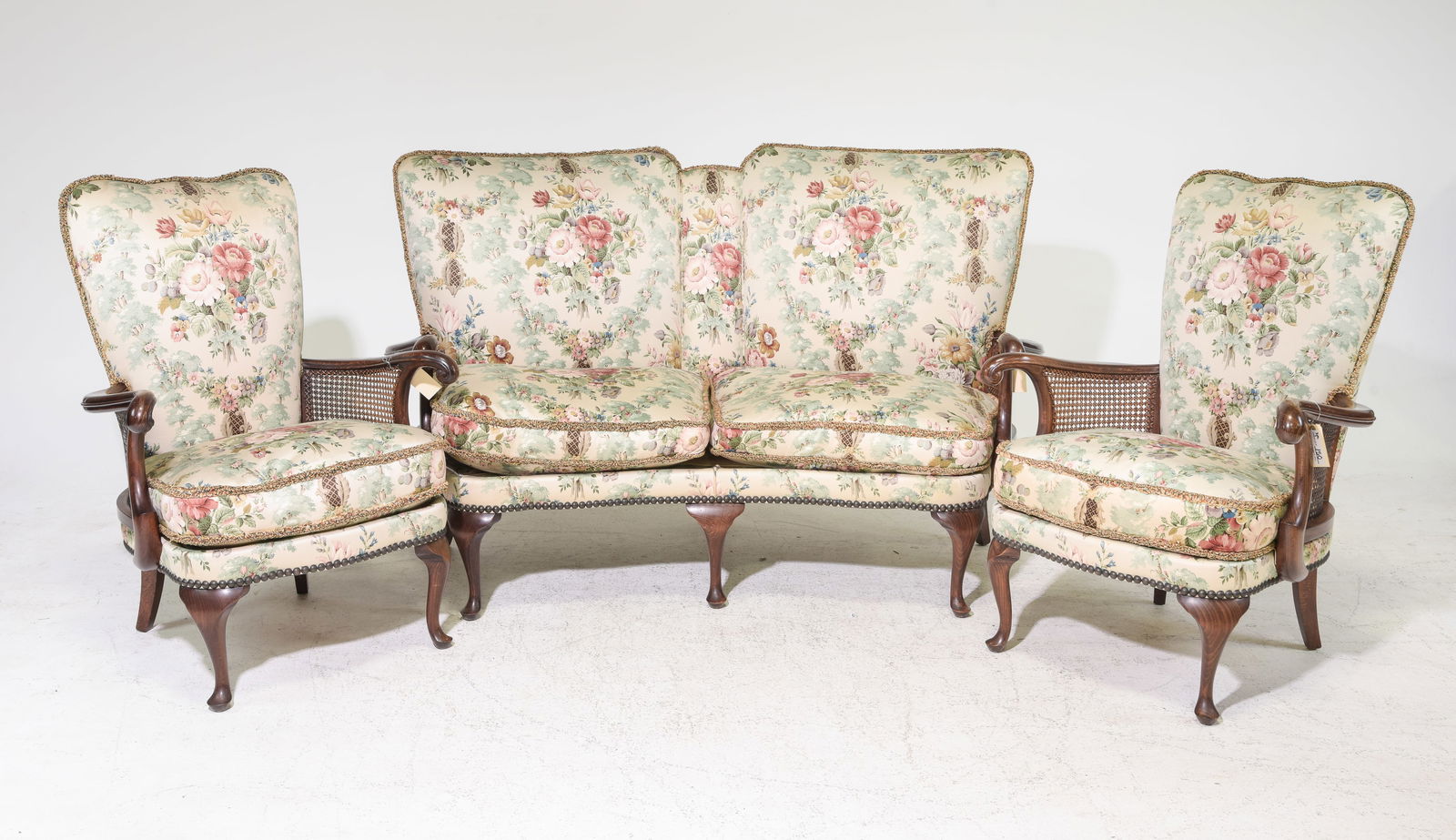 3pc French Mahogany Salon Suite - Sofa & 2 Chairs: 3pc French Mahogany Salon / Sofa Suite with Floral Upholstery - Sofa & 2 Chairs - 38 in tall x 60 x 28 with a seat height of 18 inches, Two chairs are 38 in tall x 27 x 25 each with a seat height of 1