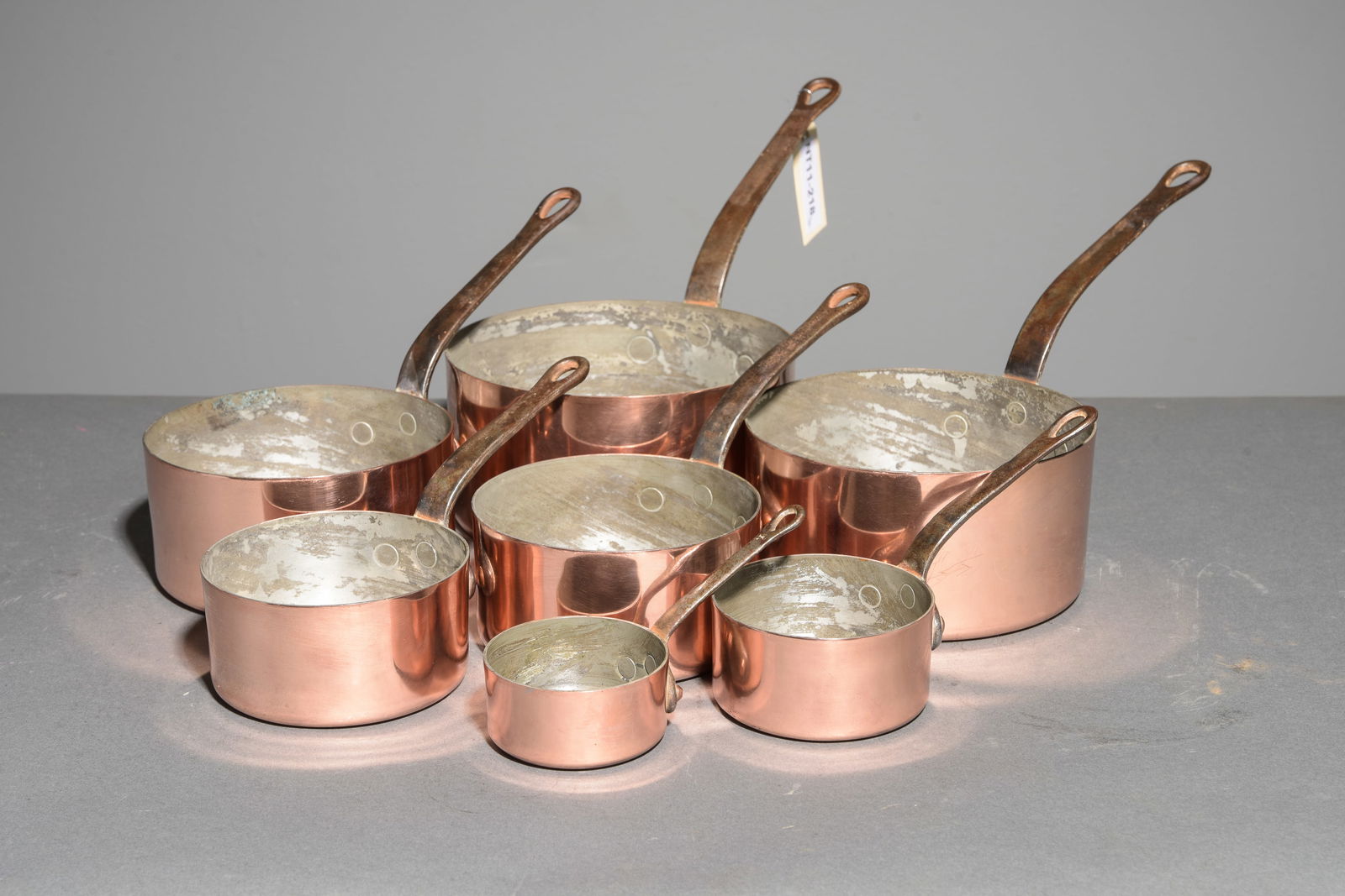 French Polished Copper Set of 7 Sauce Pans #1: French Polished Copper Set of 7 Sauce Pans - Largest is 8.5 in tall x 16 x 8 - Reminder, the measurements are for shipping purposes. - These are not marked
