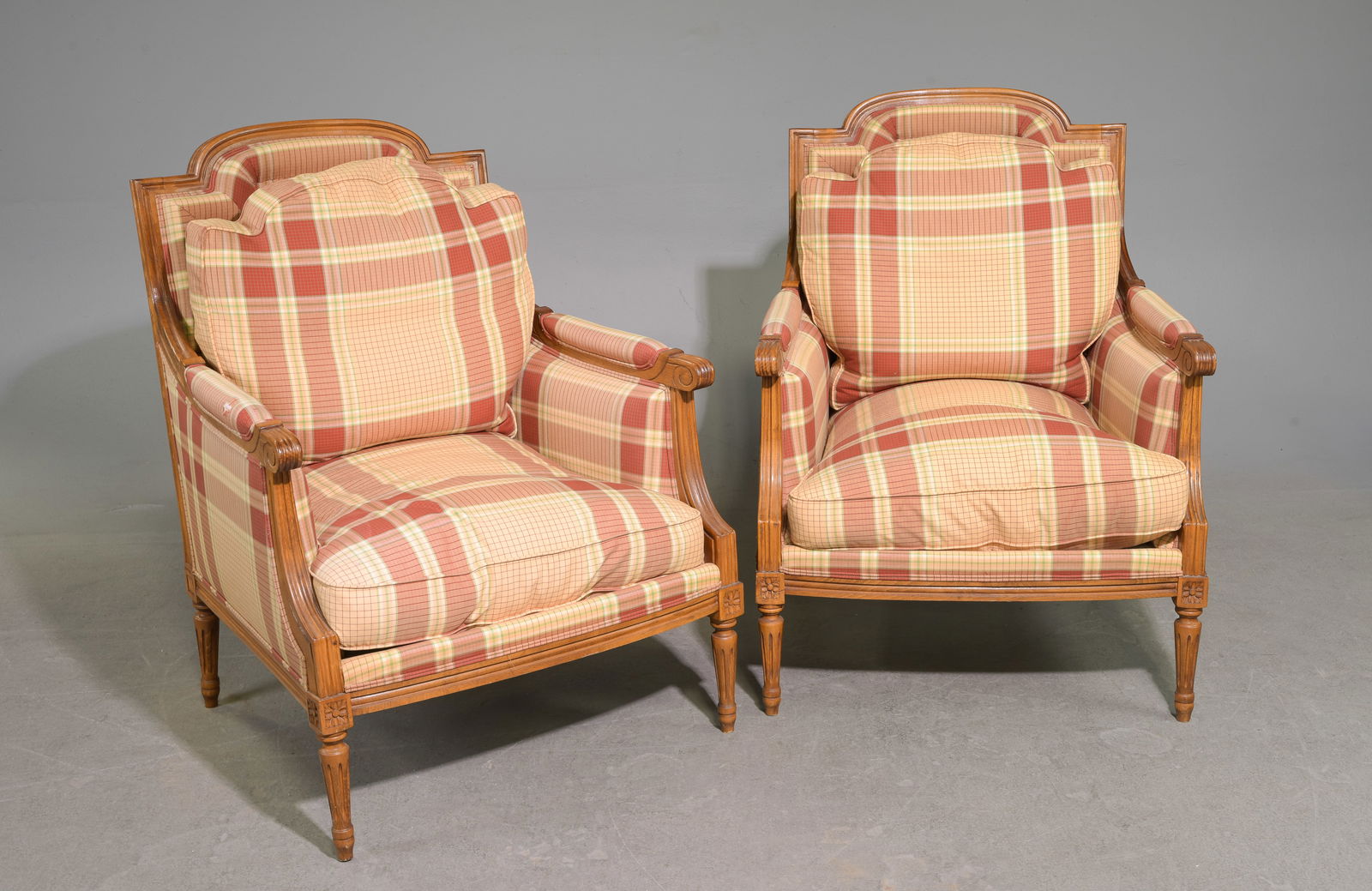 Pair Of Louis XV Style Upholstered Arm Chairs: Pair Of Louis XV Style Upholstered Arm Chairs - 39 in tall x 29 x 31, seat height is 18 in