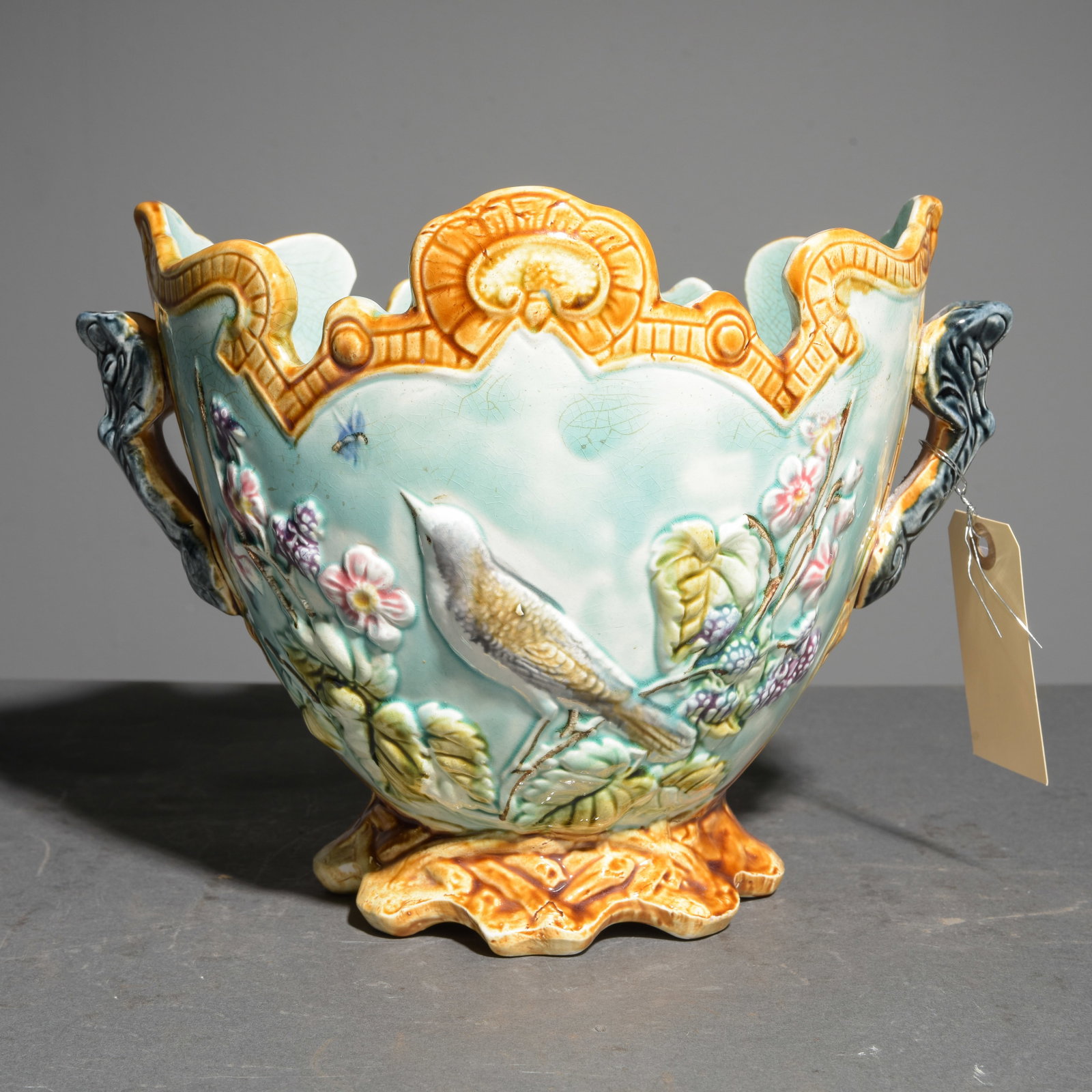 Onnaing Majolica Jardiniere with Birds Motif: Onnaing Majolica Jardiniere with Birds Motif - 8.5 in tall x 11 x 8.5