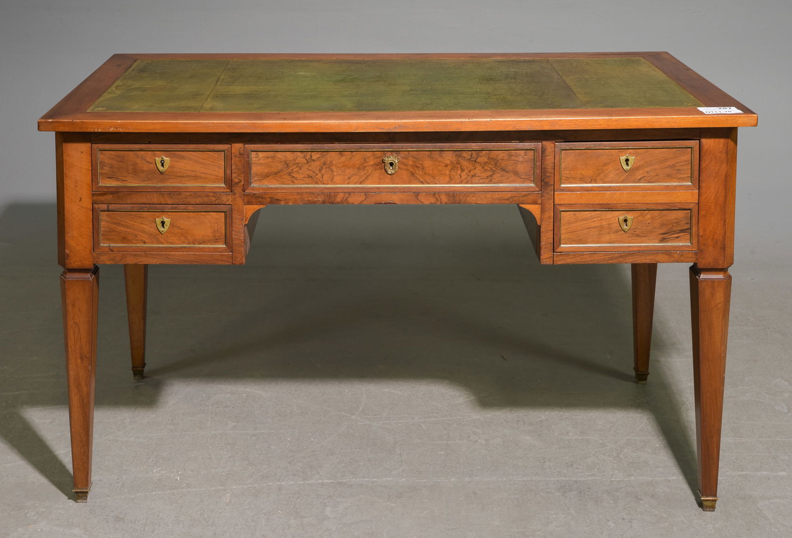 French Green Leather Top Walnut Desk: French Green Leather Top Walnut Desk - 30 in tall x 51 x 26, Kneehole is 23.5 inches from floor to under by 21.25 inches wide