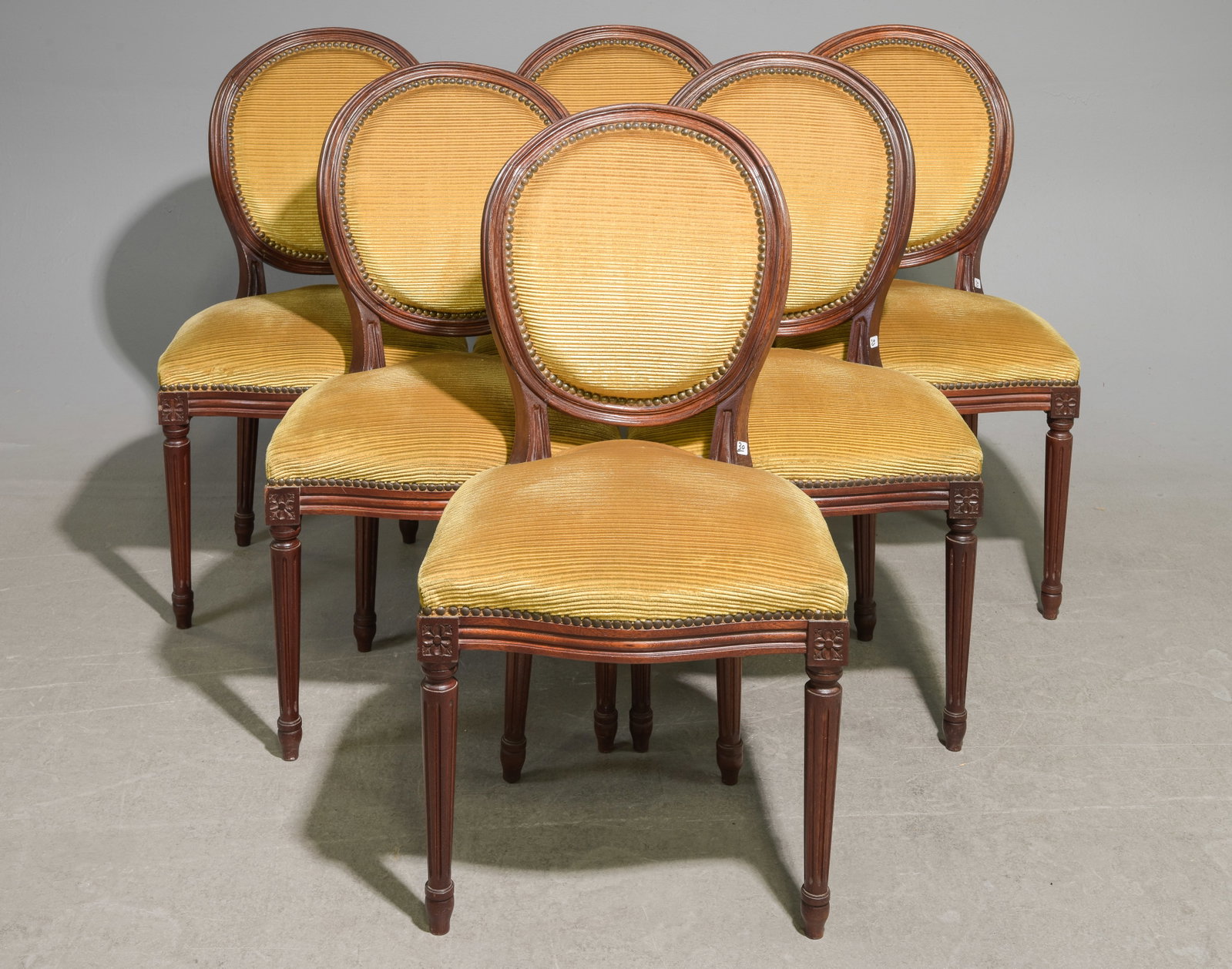 Louis XVI Style Set of 6 Balloon Back Dining Chairs: French Louis XVI Style Set of 6 Balloon Back Dining Chairs - 35.5 in tall x 19 x 18 each with a seat height of 17.5 inches