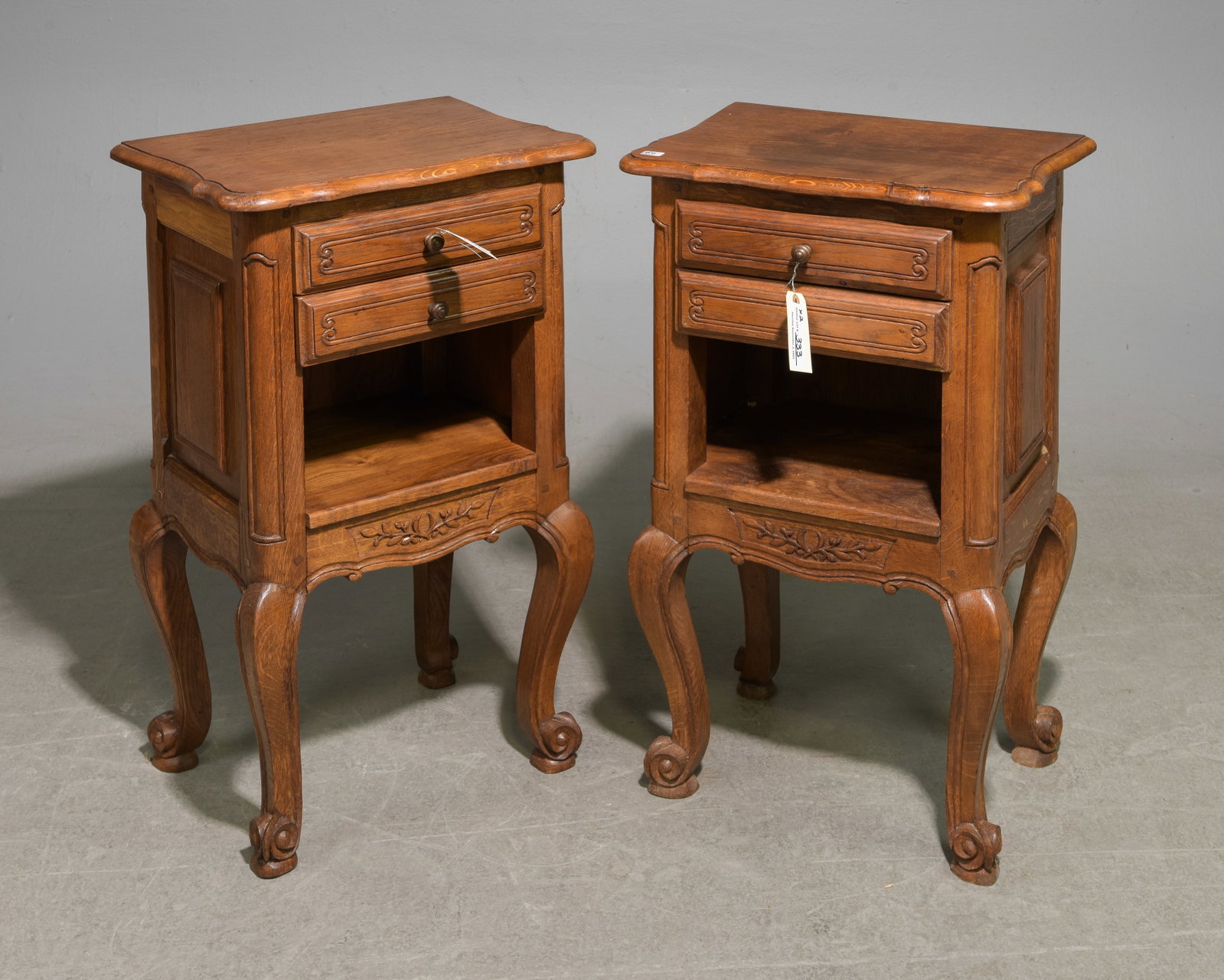 Louis XV Style Pair of Oak Nightstands with Drawers: French Louis XV Style Pair of Oak Nightstands with Drawers - 29 in tall x 17 x 12 each