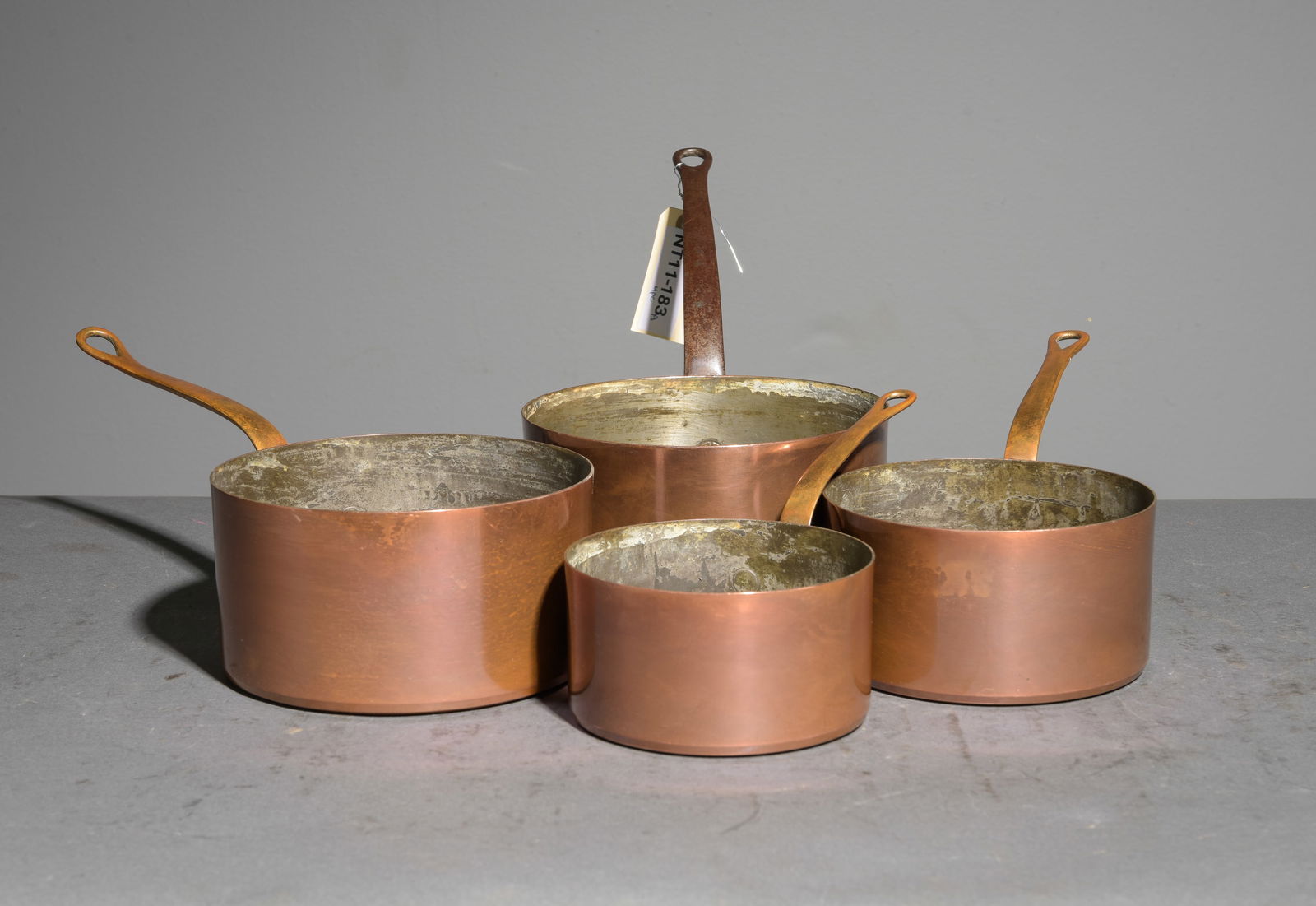 French Polished Copper Set of 4 Sauce Pans: French Polished Copper Set of 5 Sauce Pans - Largest is 8 in tall x 16 x 8 - Reminder, the measurements are for shipping purposes. - These are not marked