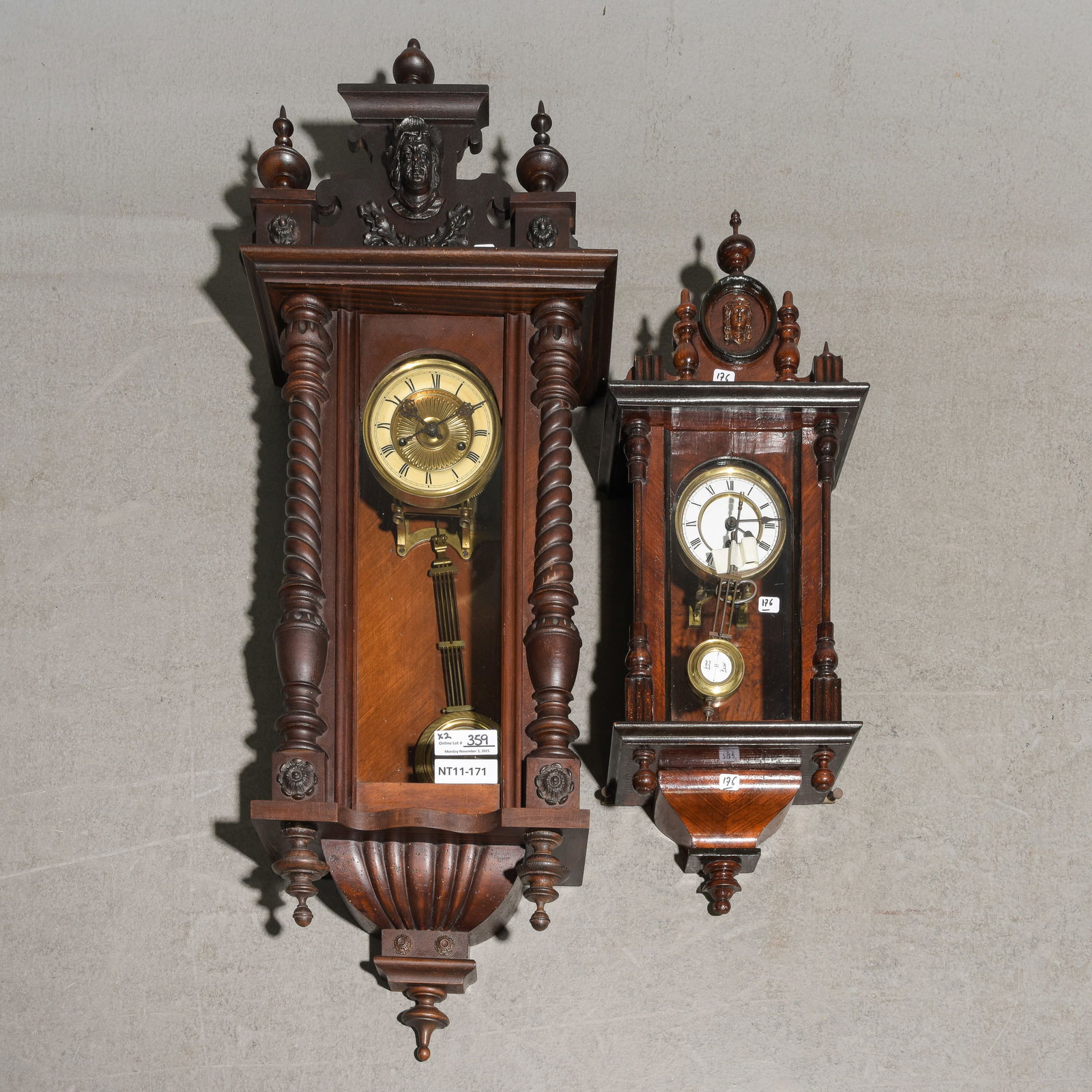 2 French Henri II Style Wall Clocks: 2 French Henri II Style Wall Clocks - Largest is 40 in tall x 15.5 x 7.5