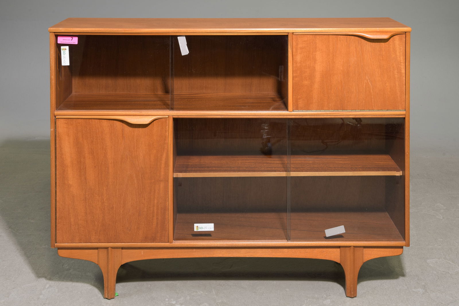 Mid Century Modern S-Form Bookcase: Danish Modern Style S-Form Bookcase / Cabinet with Sliding Glass Doors - 37.25 in tall x 48 x 12