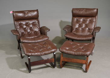 2 Mid Century Modern Ekornes "Uno" Chairs with Stools