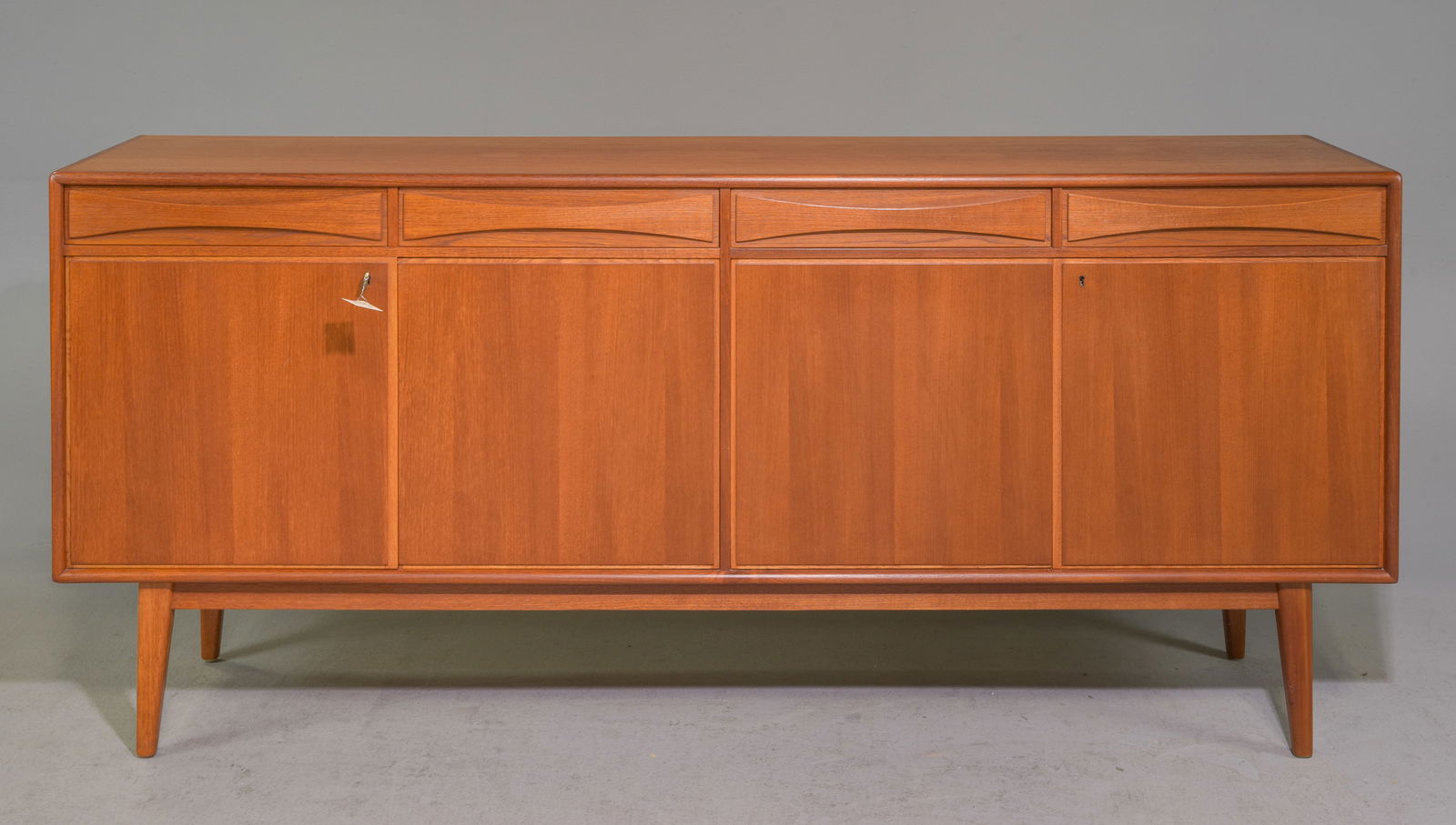 Scandinavian Mid Century Modern Sideboard: Scandinavian Mid Century Modern Sideboard with Bow Tie Handles - AB Mobelfabriken Linen, Horda - 35 in tall x 79 x 18