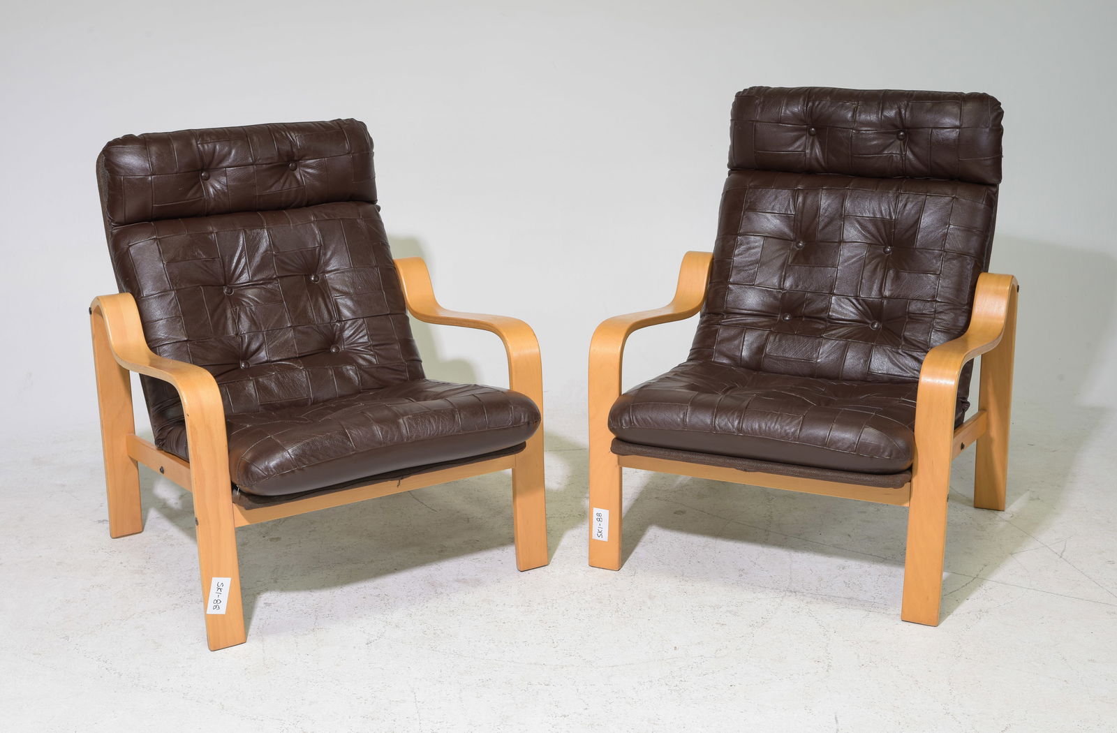 Scandinavian Pair of Bentwood Leather Lounge Chairs: Scandinavian Mid Century Modern Pair of Bentwood Leather Lounge Chairs in the style of Alvar Aalto - 37 in tall x 29.25 x 31 each with a seat height of 17 inches
