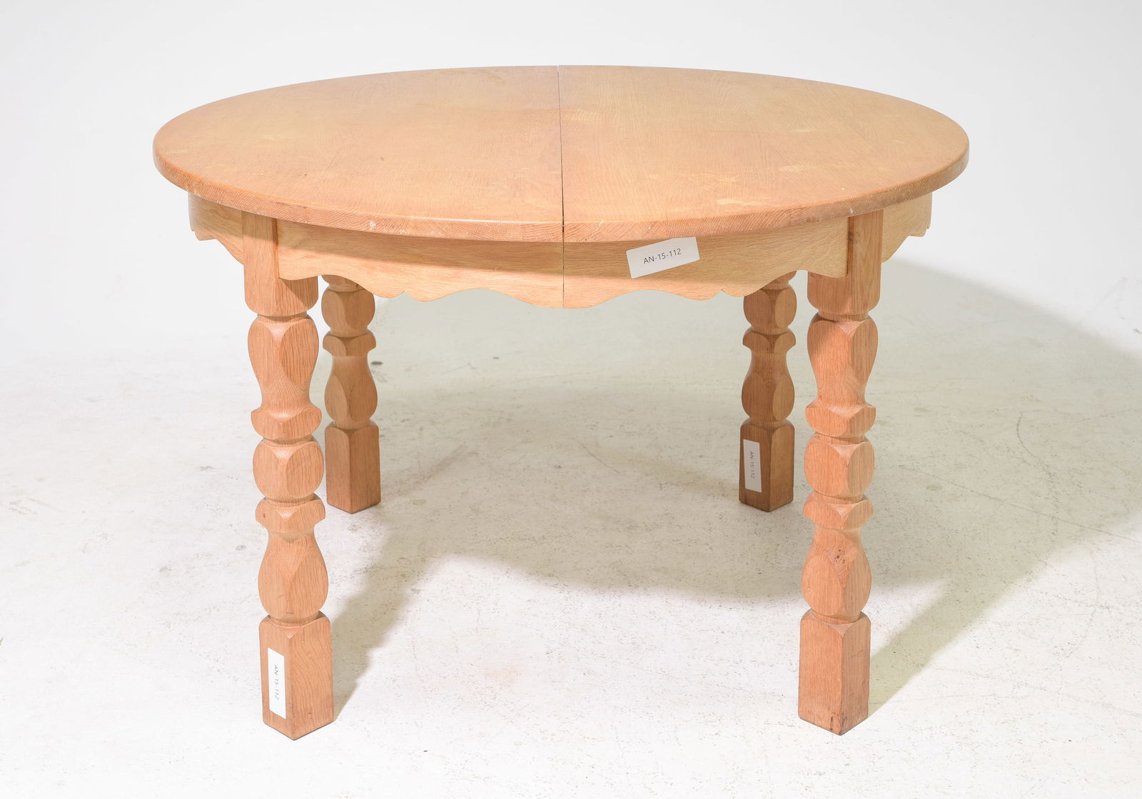 Danish Oak Round Dining Table: Danish Oak Round Dining Table - 29.5 in tall x 47 inch diameter, Floor to apron is 24.75 inches and the space between the legs is 26 inches, Similar in style to / possibly by : S. Thrane & Son / Henni