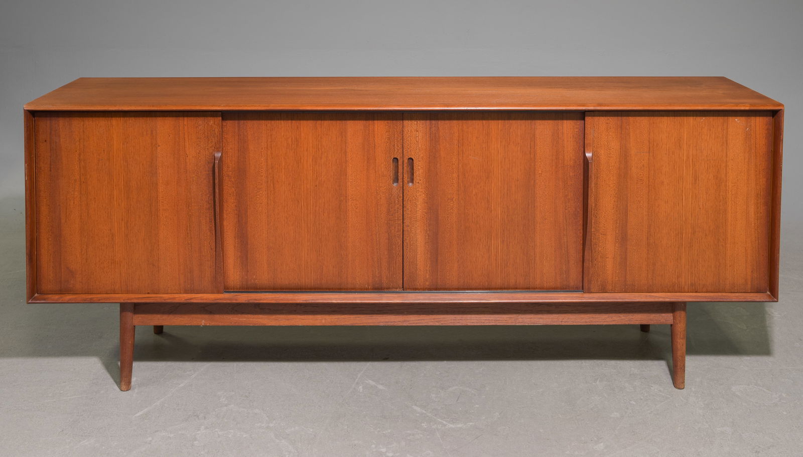 Danish Modern Style Sliding Door Sideboard: Mid Century Modern Credenza with Four Sliding Doors & Pull Out Interior Trays - Similar in style to Designs by Bernhard Pedersen & Son , Arne Vodder, Bramin, Gunni Omann, Dyrlund Etc. - 31 in tall x 7