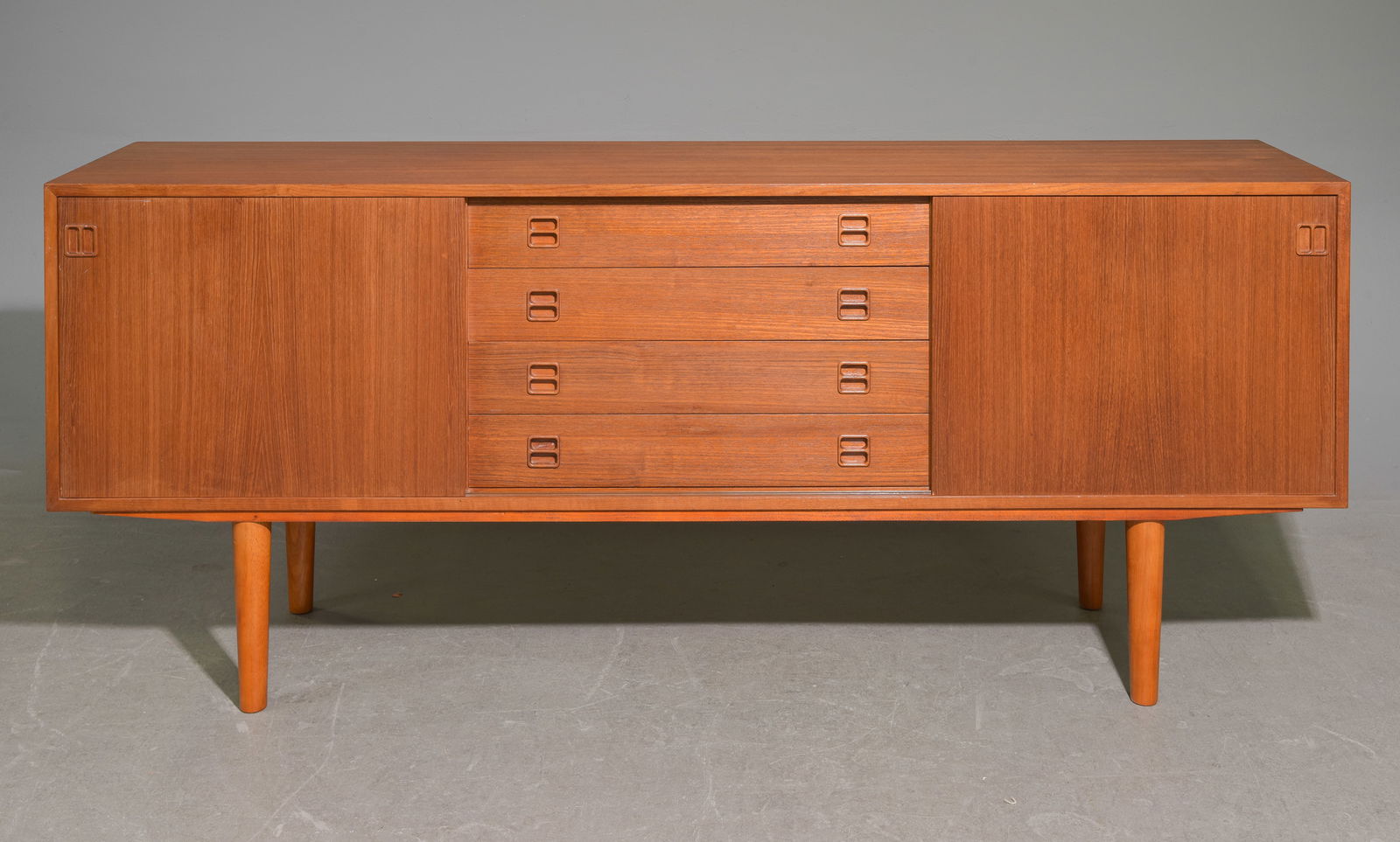 Mid Century Modern Sliding Door Sideboard: Danish Modern Style Sliding Door Sideboard / Credenza with Drawers - 32.25 in tall x 77.25 x 17