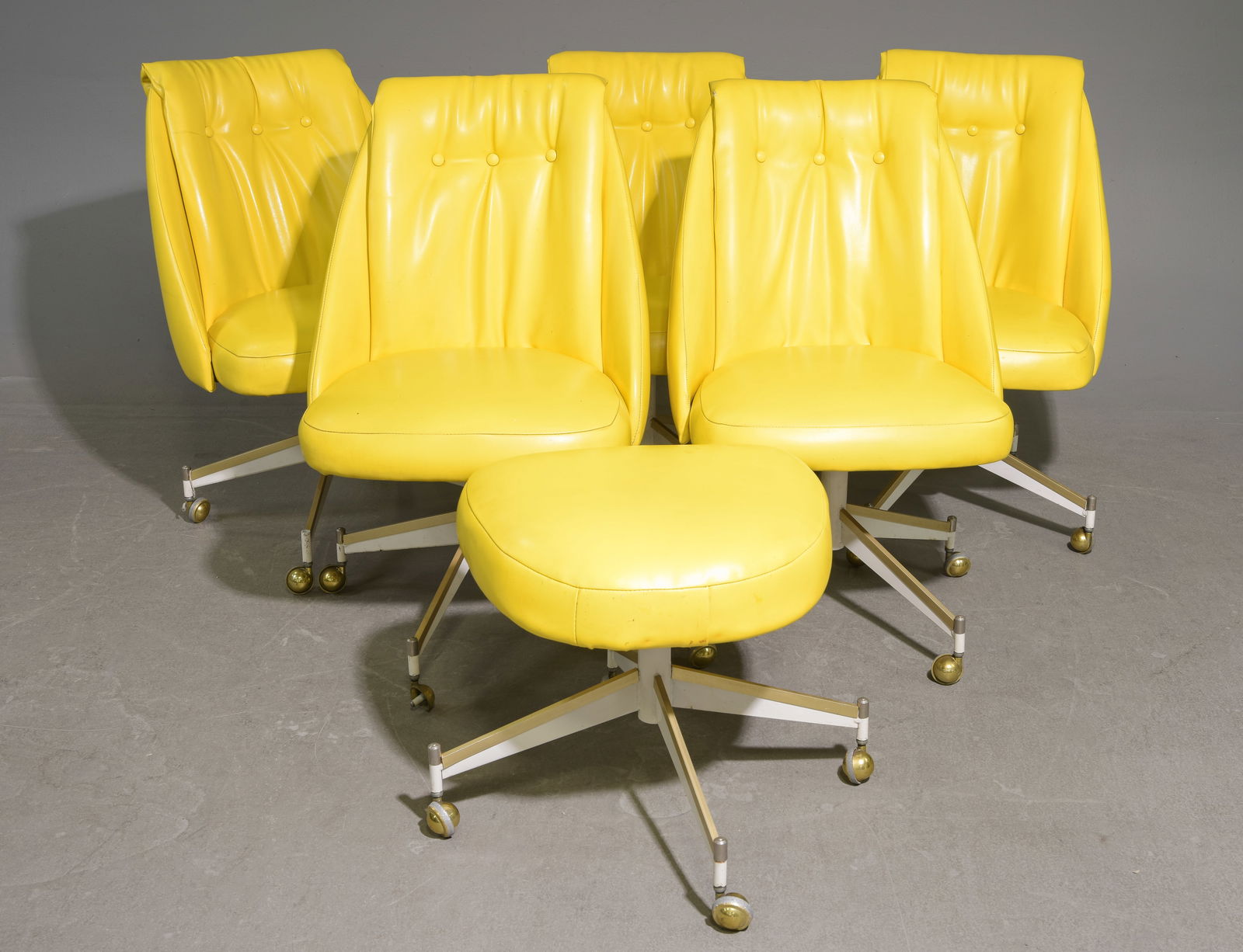 5 Chromcraft Yellow Vinyl Chairs & 1 Stool: 5 Chromcraft Yellow Vinyl Chairs & 1 Stool - Chairs are 34 in tall x 21 x 23 each with a seat height of 18 inches, Stool is 18 in tall x 20 x 17.5