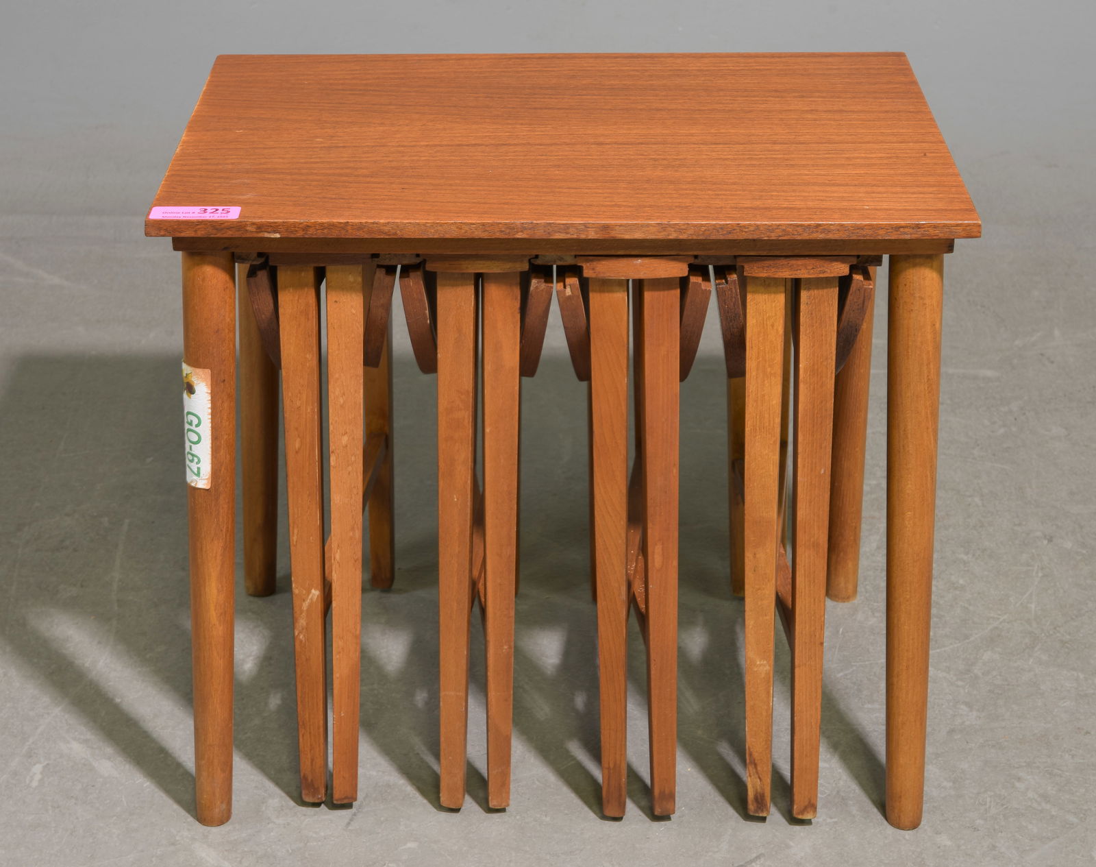 Mid Century Modern Nest of 5 Tables: Danish Modern Style Nest of 5 Tables - 21 in tall x 24.5 x 17, The four little tables are 19 in tall x 18 x 4, leaves add an additional 5.75 inches each