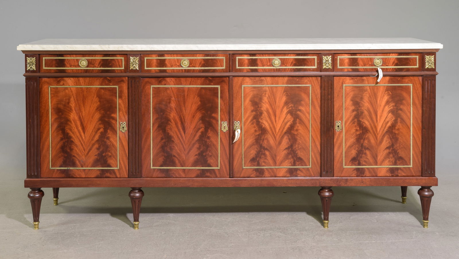 Louis XVI Style White Marble Top Sideboard: French Louis XVI Style White Marble Top Mahogany Sideboard / Enfilade - 40.5 in tall x 90 x 19.75