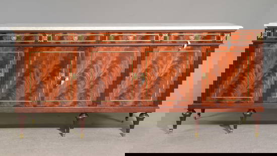 Louis XVI Style White Marble Top Sideboard: French Louis XVI Style White Marble Top Mahogany Sideboard / Enfilade - 40.5 in tall x 90 x 19.75