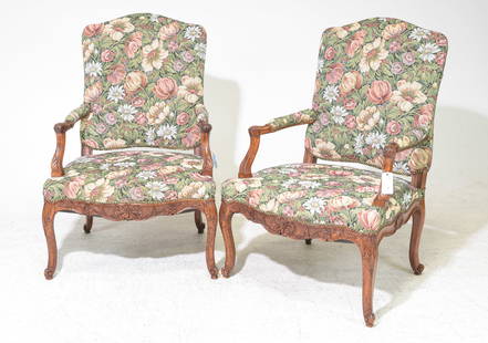 Louis XV Style Pair of Upholstered Arm Chairs: French Louis XV Style Pair of Floral Upholstered Beech Wood Arm Chairs - 42 in tall x 28.5 x 27 each with a seat height of 17 inches