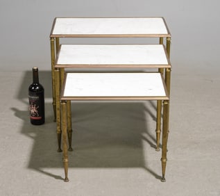 French Nest of Three White Marble Top Tables