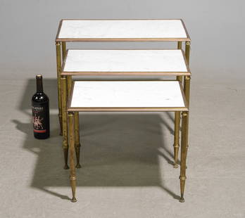 French Nest of Three White Marble Top Tables: French Nest of Three White Marble Top Tables - 18 in tall x 23.5 x 13.75, 16.5 in tall x 20.5 x 13 and 15 in tall x 17.25 x 12