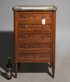 Louis XVI Style White Marble Top Five Drawer Chest