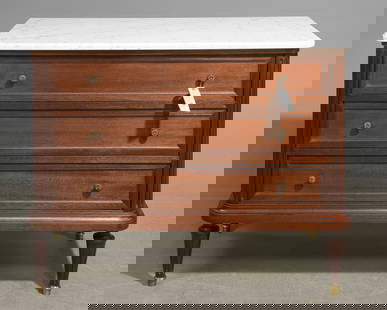 Louis XVI Style White Marble Top Chest: French Louis XVI Style White Marble Top Mahogany Three Drawer Chest - 32 in tall x 40 x 19