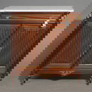 Louis XVI Style White Marble Top Hall Cabinet: French Louis XVI Style White Marble Top Mahogany Hall / Occasional Cabinet - 37.5 in tall x 34.5 x 15