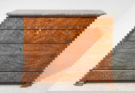Louis Philippe Style Marble Top Walnut Chest: French Louis Philippe Style Marble Top Walnut Fiver Drawer Chest - 49 in tall x 51.25 x 23 -