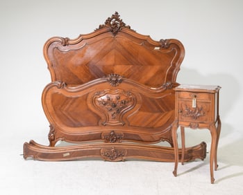 Louis XV Style Walnut Bed with Rails & Nightstand