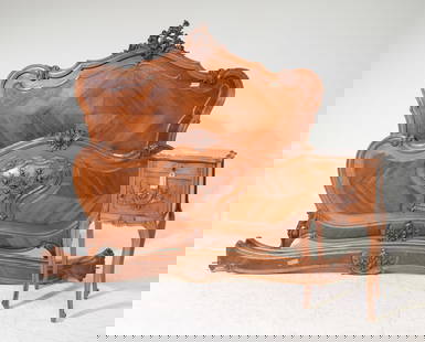 Louis XV Style Walnut Bed with Rails & Nightstand: French Louis XV Style Walnut Bed with Rails & Inset Marble Top Nightstand - Headboard is 64.5 in tall x 63.5 x 4, Rails are 75 inches long each, Nightstand is 33 in tall x 16 x 15 - This bed is a