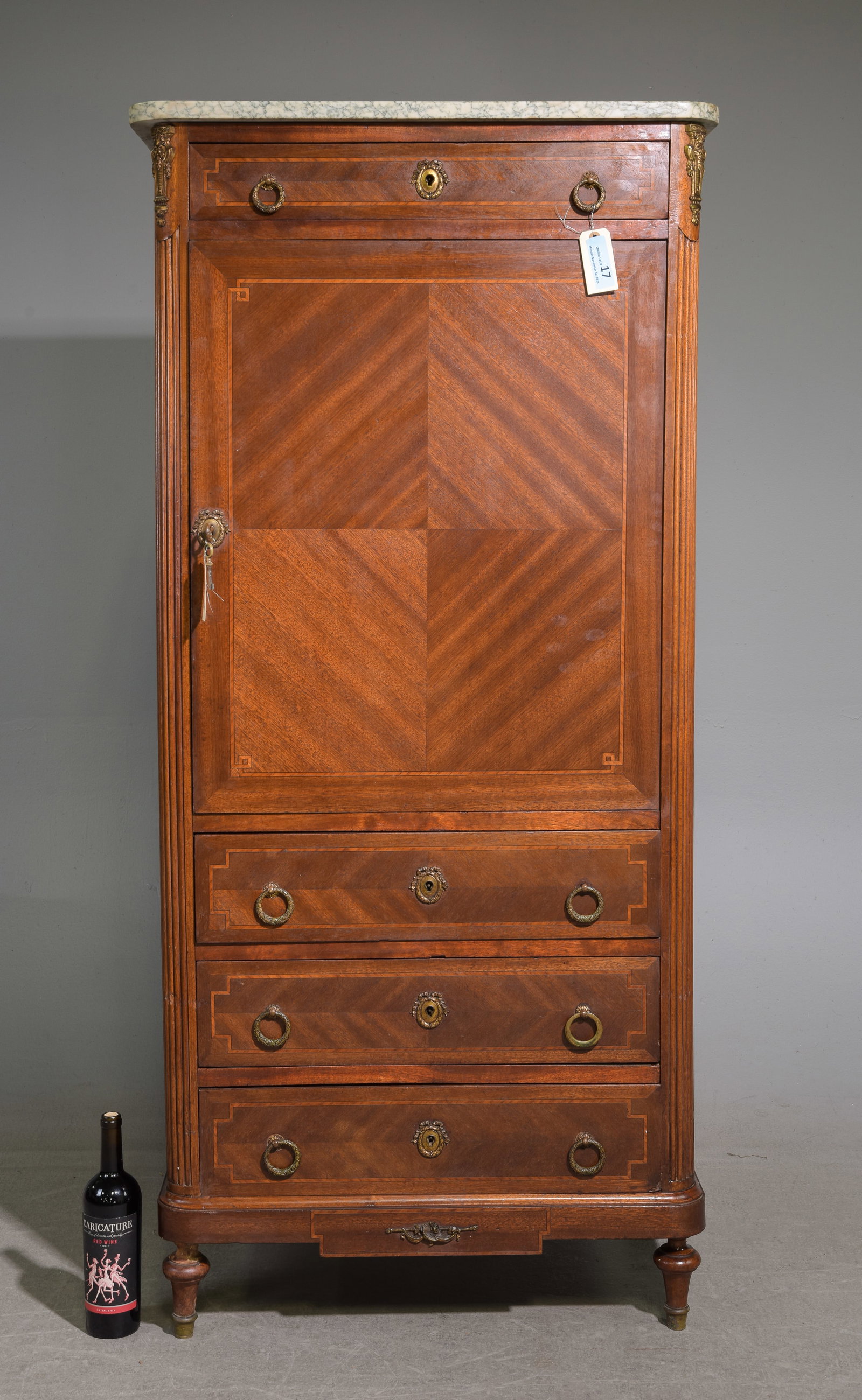 Louis XVI Style Marble Top Cupboard / Cocktail Cabinet: French Louis XVI Style Marble Top Cupboard / Cocktail Cabinet - 65 in tall x 30.25 x 17.5
