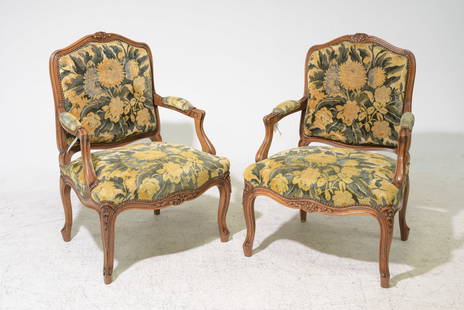 Louis XV Style Pair of Upholstered Arm Chairs: French Louis XV Style Pair of Upholstered Walnut Arm Chairs - 37 in tall x 26.5 x 26 each with a seat height of 17 inches
