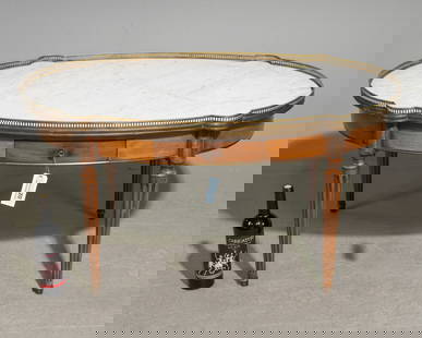 Louis XVI Style White Marble Top Coffee Table: French Louis XVI Style White Marble Top Mahogany Coffee / Cocktail Table with Gallery - 21.5 in tall x 41.5 x 26