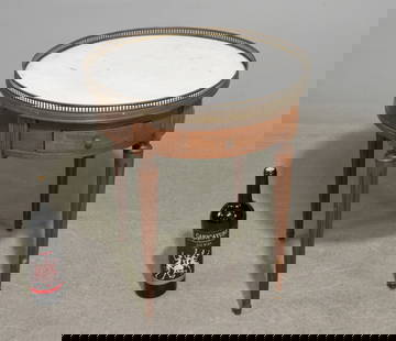 Louis XVI Style Small White Marble Top Boulotte Table: French Louis XVI Style Small White Marble Top Mahogany Boulotte Table with Brass Gallery - 21.5 in tall x 20 inch diameter