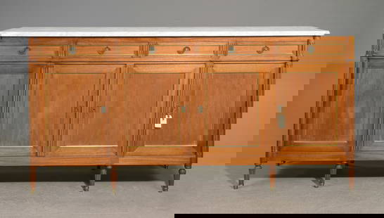 Louis XVI Style White Marble Top Sideboard: French Louis XVI Style White Marble Top Sideboard / Enfilade - 41.5 in tall x 84 x 19.5