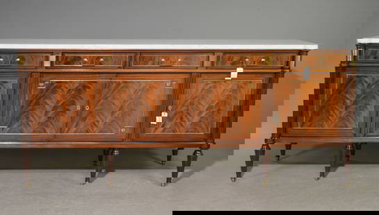 Louis XVI Style White Marble Top Mahogany Sideboard: French Louis XVI Style White Marble Top Mahogany Sideboard / Enfilade - 42 in tall x 95 x 22