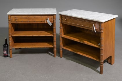 Faux Bamboo Pair of White Marble Top Occasional Tables