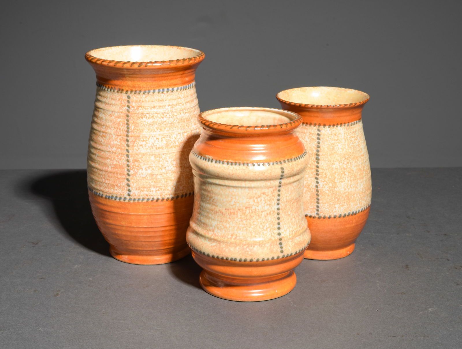 3pcs Charlotte Rhead Crown Ducal "Stitch" Pottery #2: 3pcs Charlotte Rhead Crown Ducal "Stitch" Pottery Vases - Tallest is 8.5 in tall x 5.25 inch diameter, The two smaller vases are 6.75 in tall x 4.5 inch diameter and 6.5 in tall x 5 inch diameter