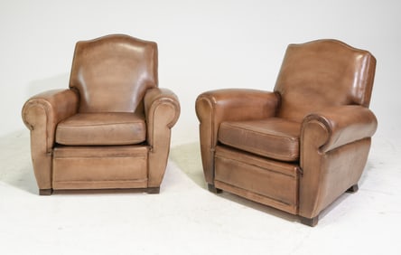 French Pair of Art Deco Style Leather Club Chairs