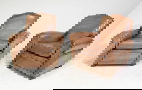 French Pair of Art Deco Style Leather Club Chairs